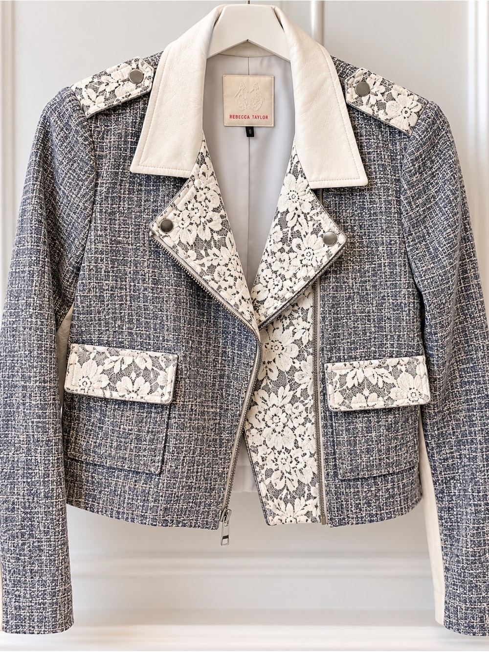Rebecca Taylor Tweed, Lace & Genuine Leather Moto Jacket, Size M